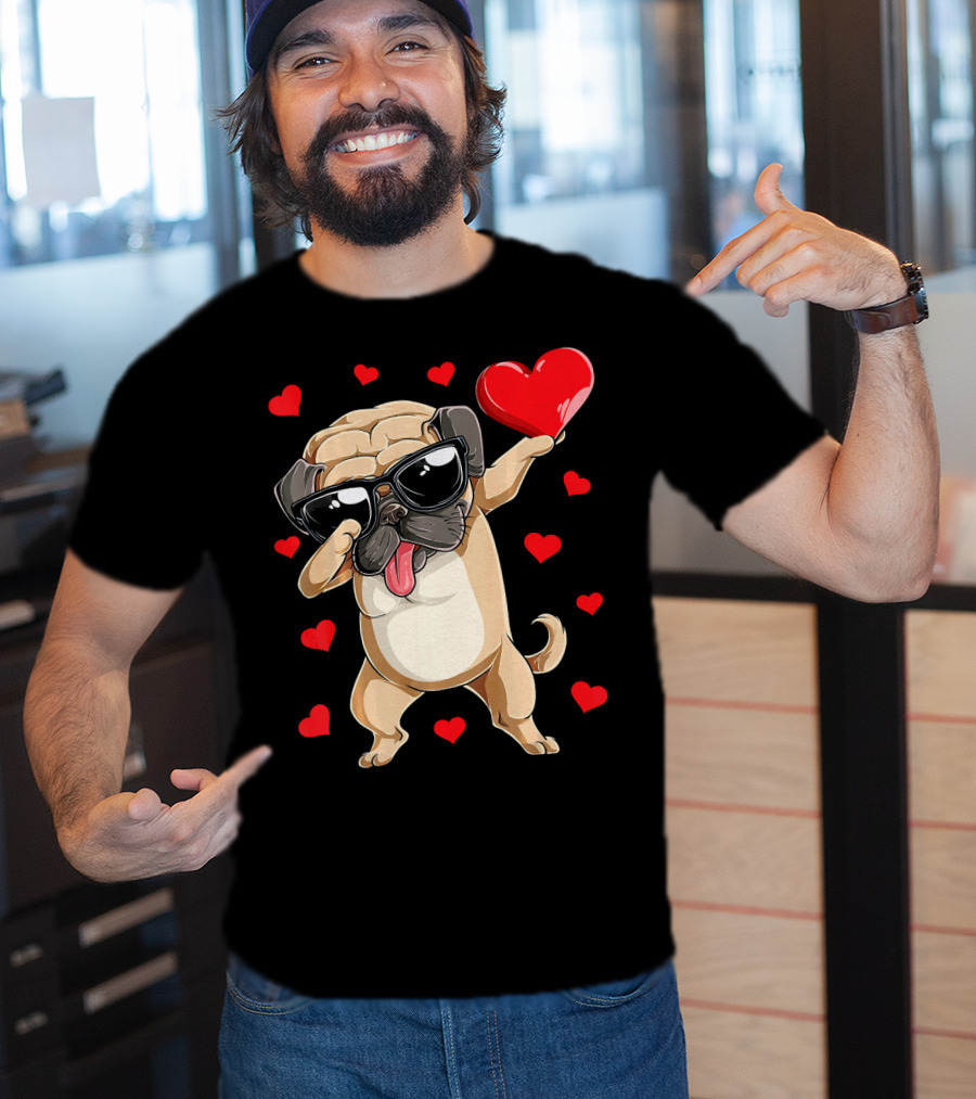 Dabbing Pug Holding Heart Surrounded By Red Hearts Valentines Day T-Shirt