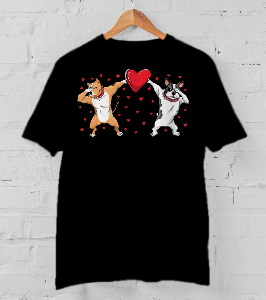 Pitbull Bulldog Dabbing With Heart Valentines T-Shirt