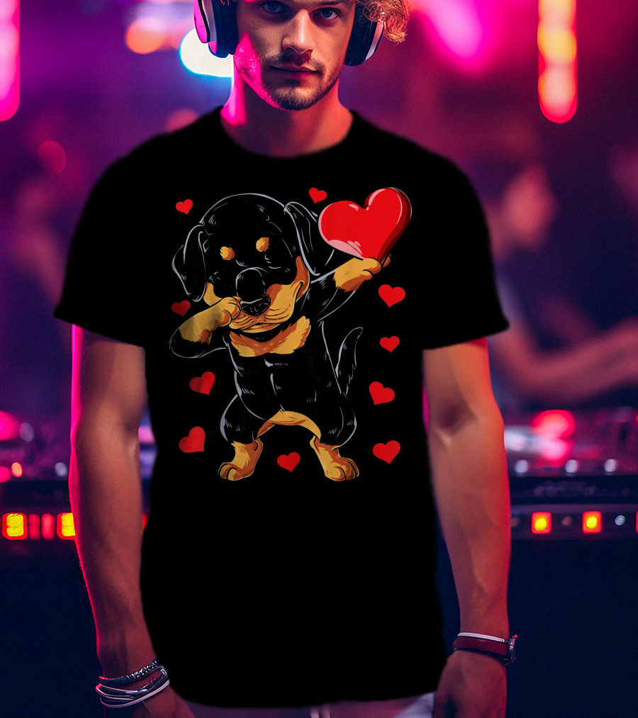 Dabbing Rottweiler Heart Valentine With Red Hearts T-Shirt