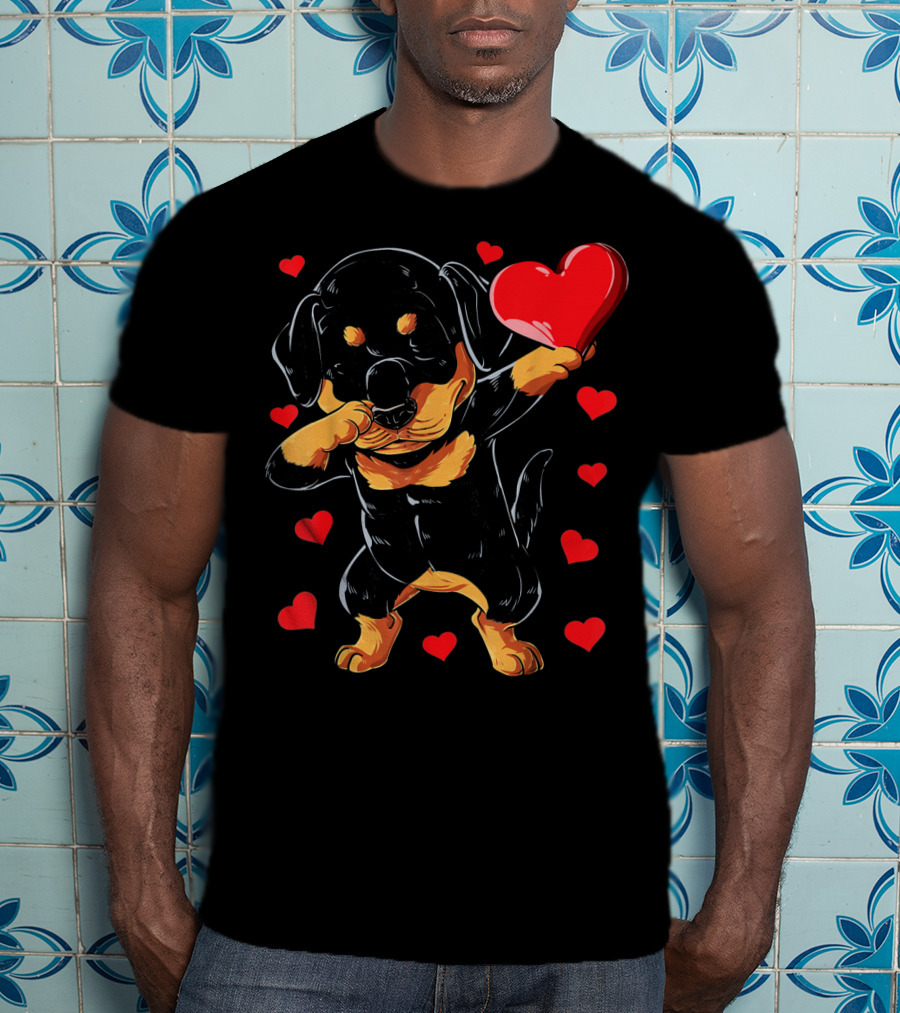Dabbing Rottweiler Heart Valentine With Red Hearts T-Shirt