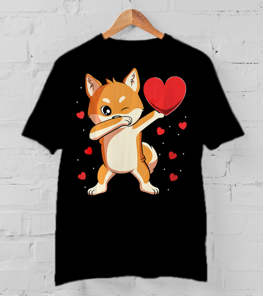 Dabbing Shiba Inu Holding Heart Valentine’s Day Dog With Hearts T-Shirt
