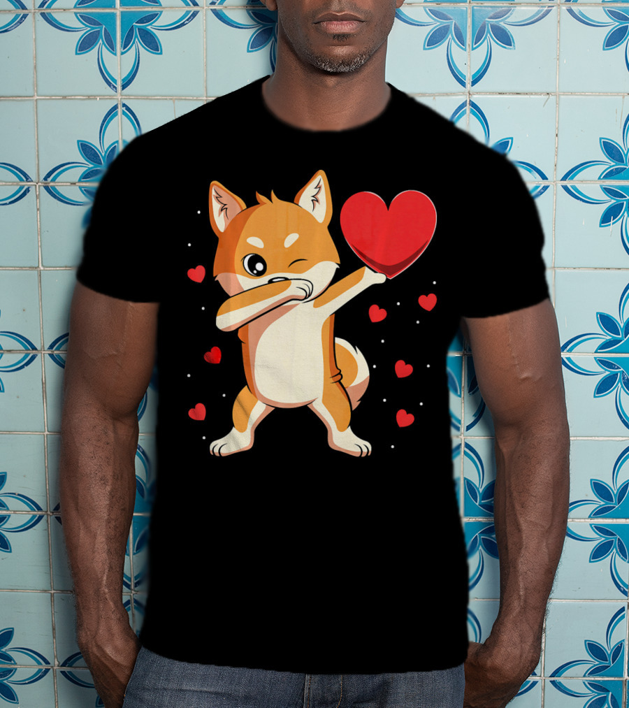 Dabbing Shiba Inu Holding Heart Valentine’s Day Dog With Hearts T-Shirt