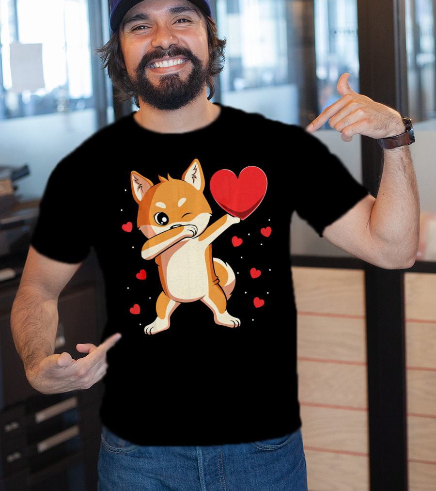 Dabbing Shiba Inu Holding Heart Valentine’s Day Dog With Hearts T-Shirt