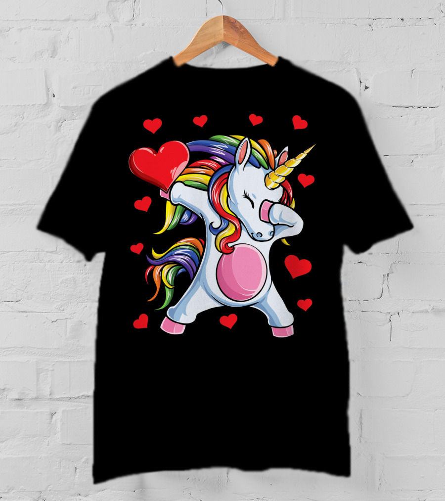 Rainbow Dabbing Unicorn With Hearts Valentine's T-Shirt