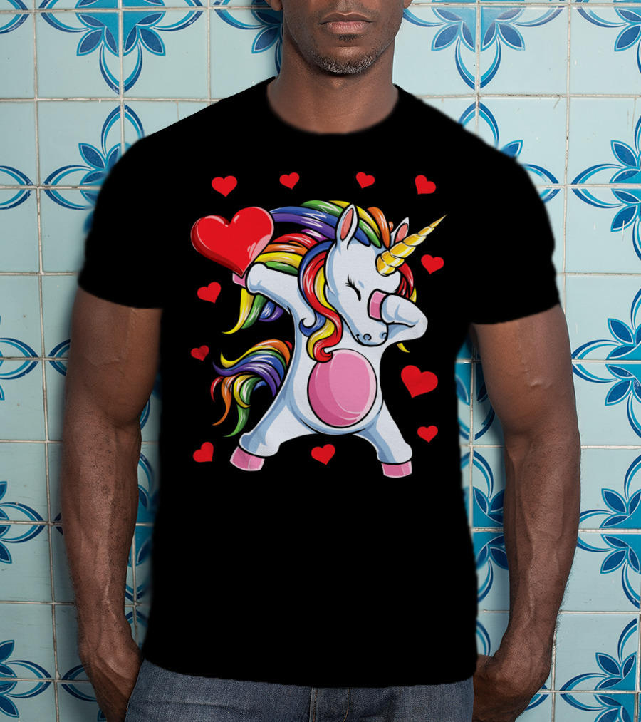 Rainbow Dabbing Unicorn With Hearts Valentine's T-Shirt