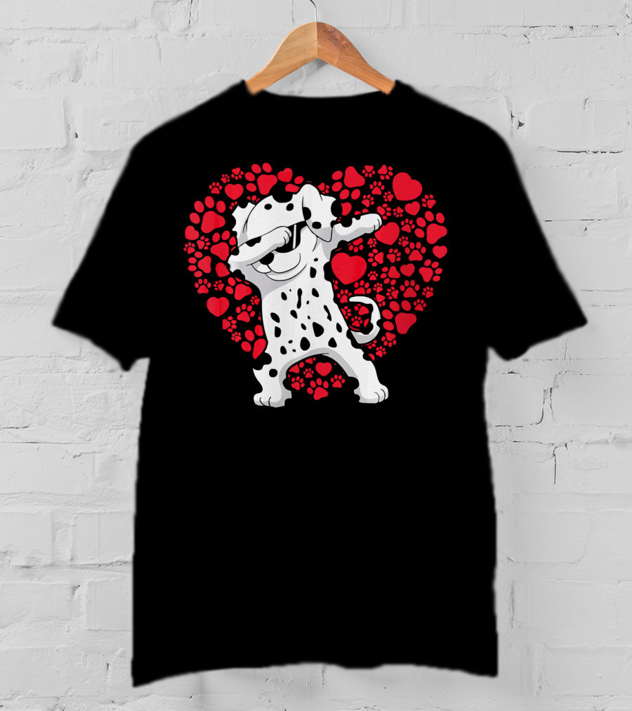 Dalmatian Dog Dabbing With Heart-Shaped Paw Print Valentine Fun T-Shirt