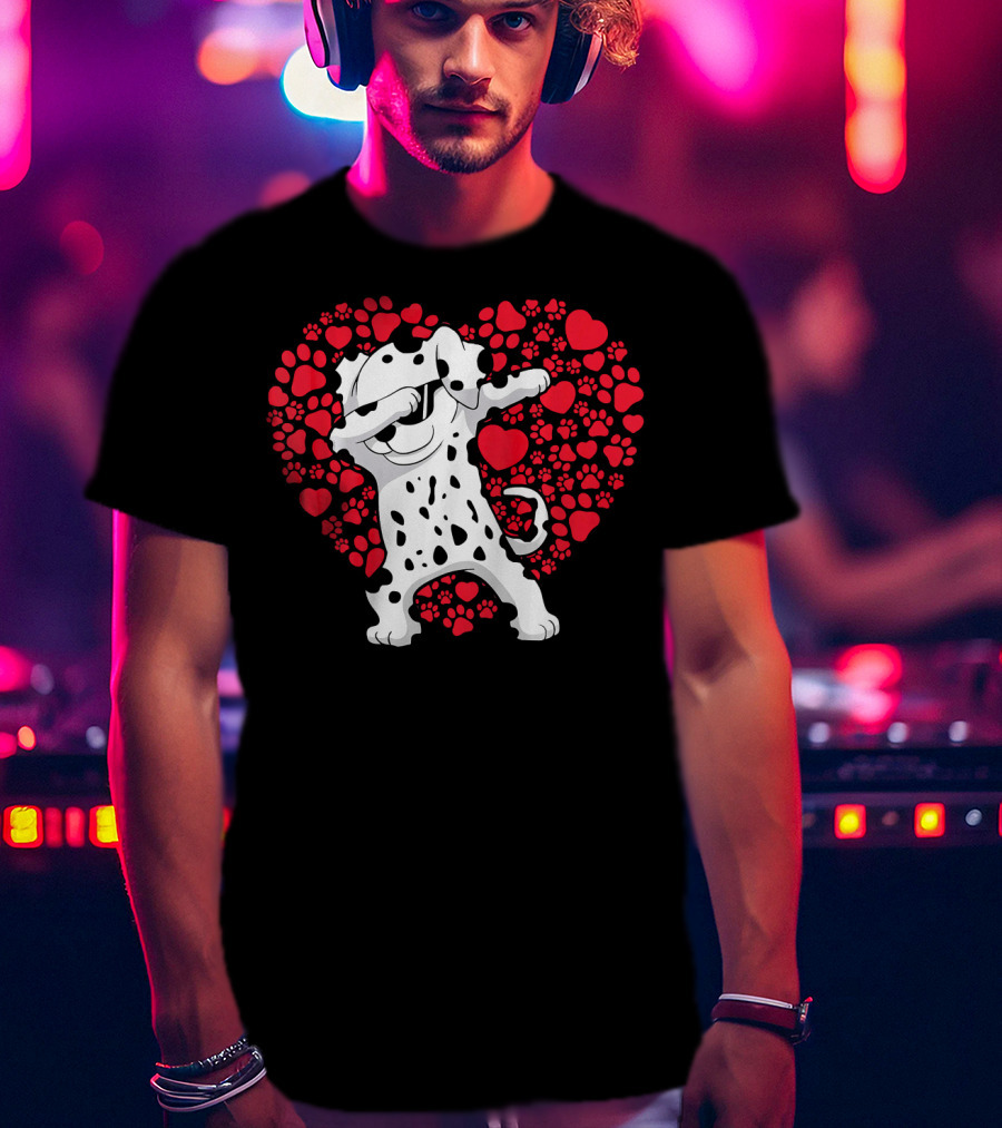 Dalmatian Dog Dabbing With Heart-Shaped Paw Print Valentine Fun T-Shirt