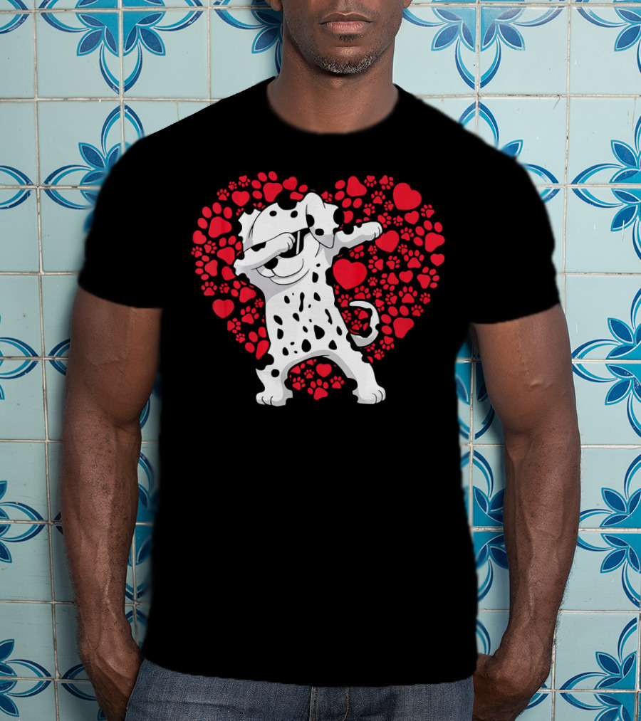 Dalmatian Dog Dabbing With Heart-Shaped Paw Print Valentine Fun T-Shirt