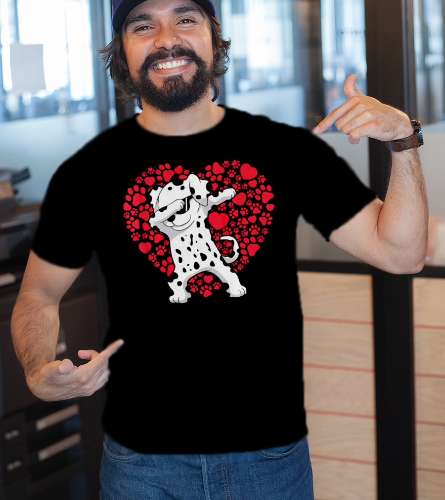 Dalmatian Dog Dabbing With Heart-Shaped Paw Print Valentine Fun T-Shirt