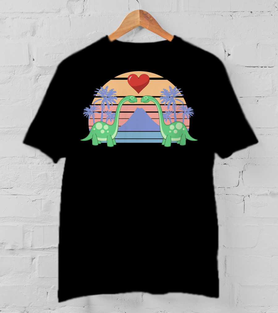 Dino Valentine Romantic Sunset With Heart And Palm Trees T-Shirt