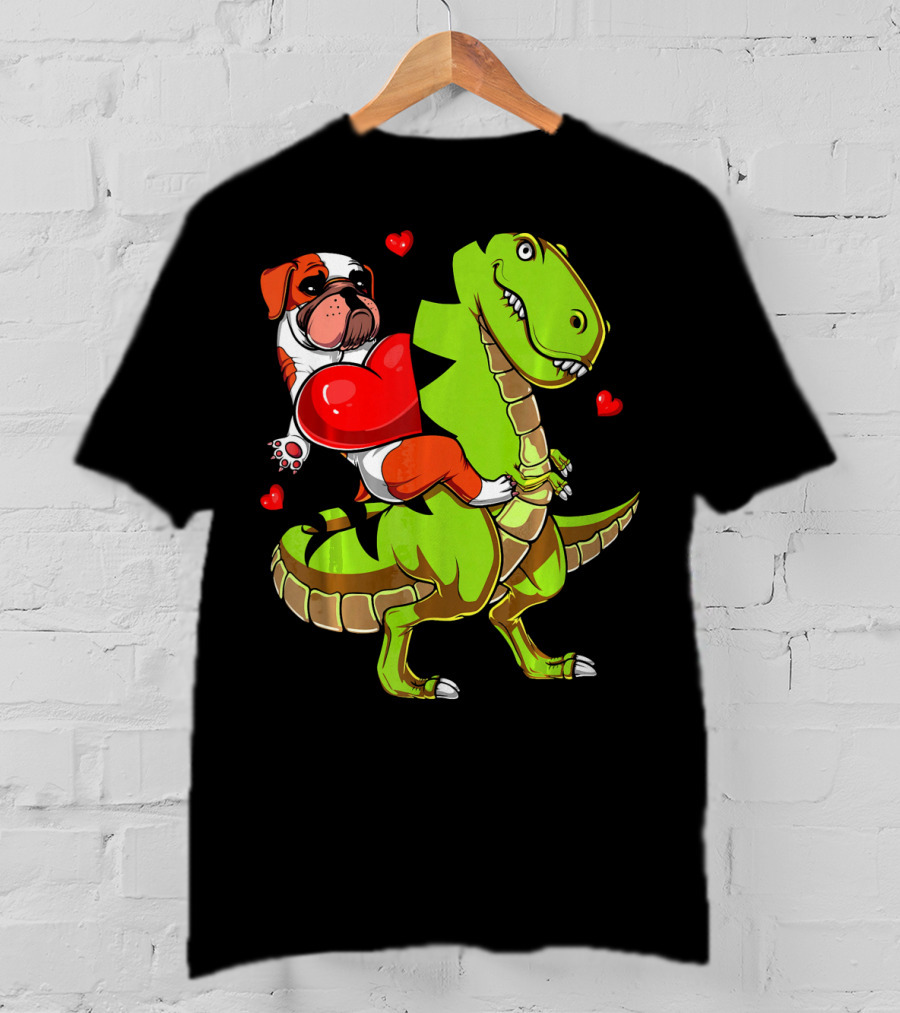 English Bulldog Hugging Red Heart Riding Green T-Rex Dinosaur With Hearts T-Shirt