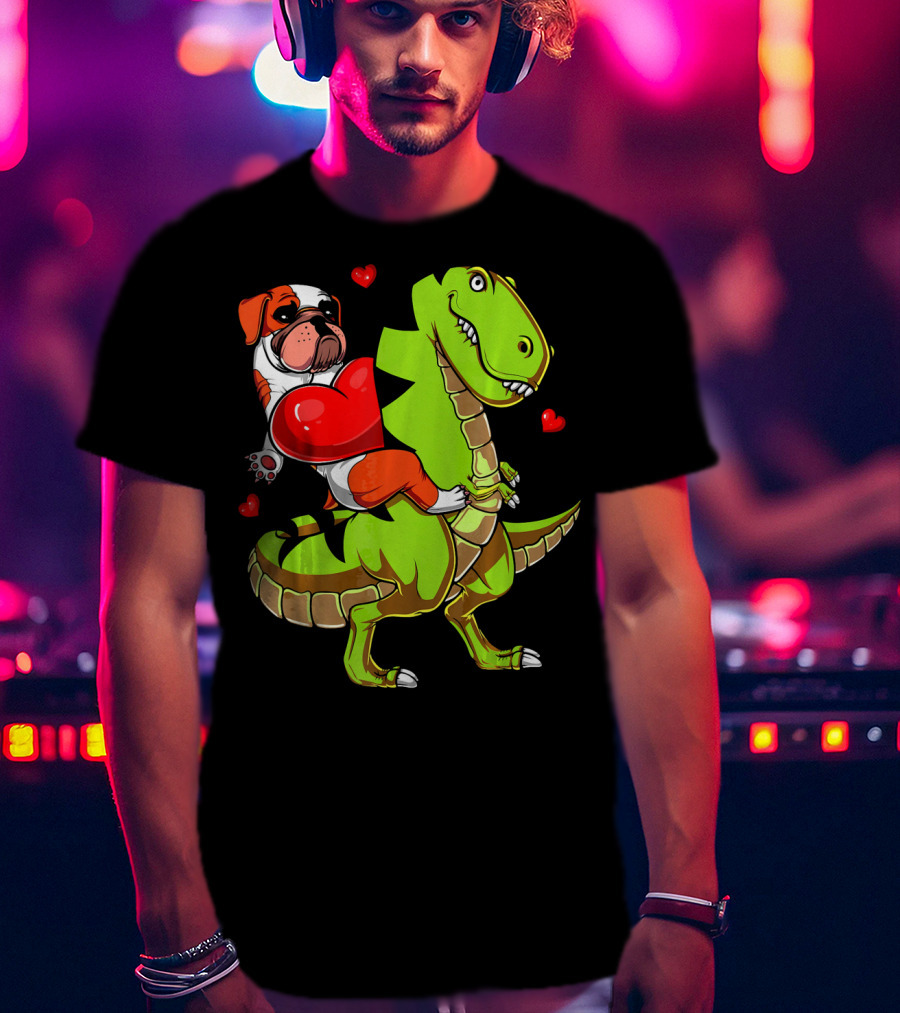 English Bulldog Hugging Red Heart Riding Green T-Rex Dinosaur With Hearts T-Shirt