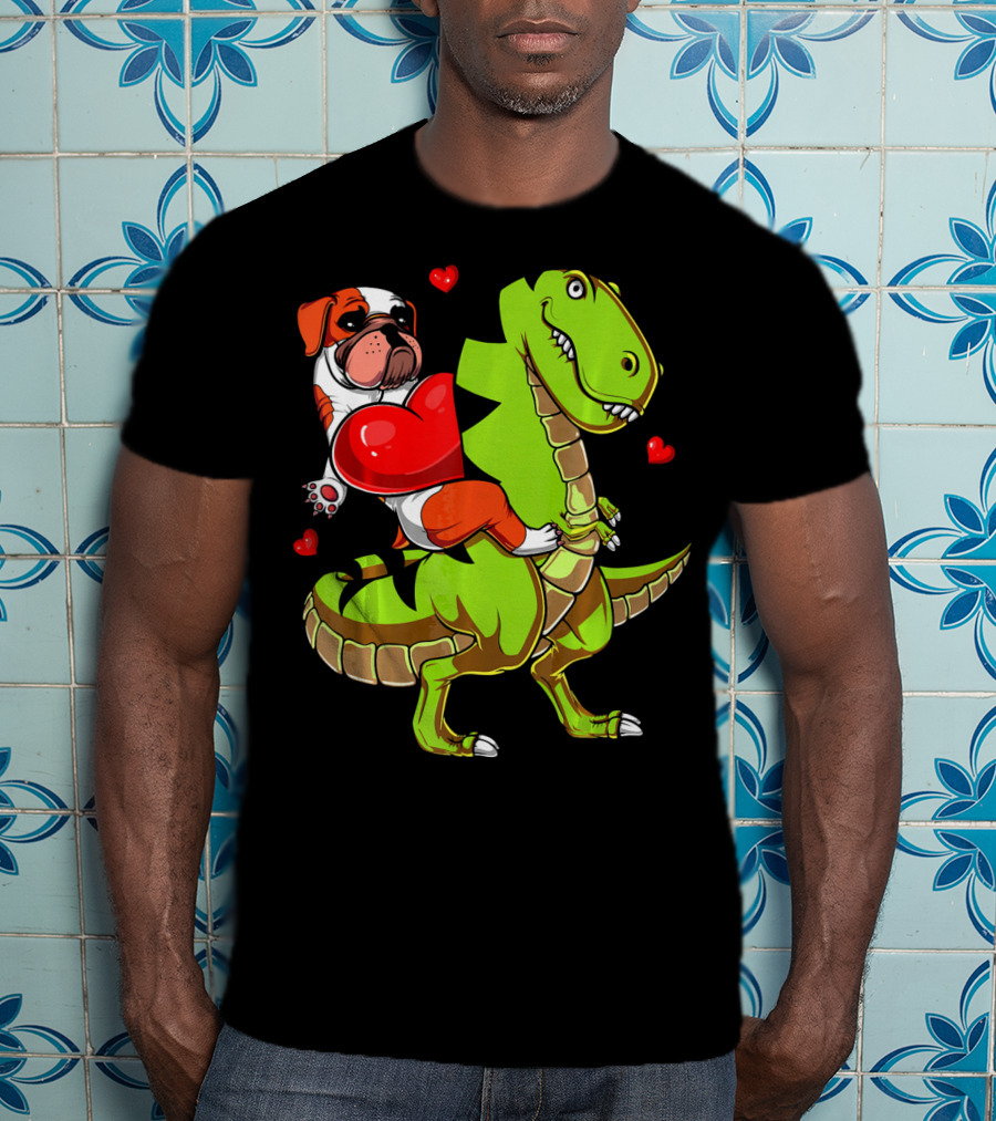 English Bulldog Hugging Red Heart Riding Green T-Rex Dinosaur With Hearts T-Shirt