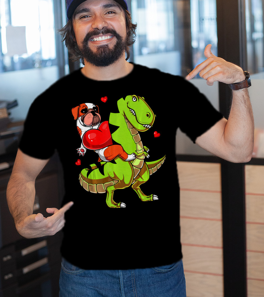 English Bulldog Hugging Red Heart Riding Green T-Rex Dinosaur With Hearts T-Shirt