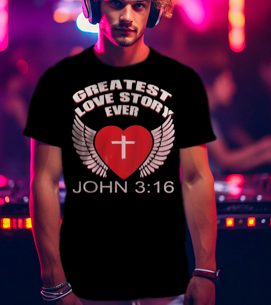 Greatest Love Story Ever John 3:16 Christian Wings Heart Cross T-Shirt