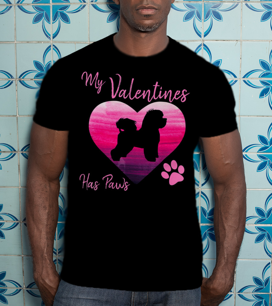 My Valentines Has Paws Bichon Frise Heart And Pawprint T-Shirt