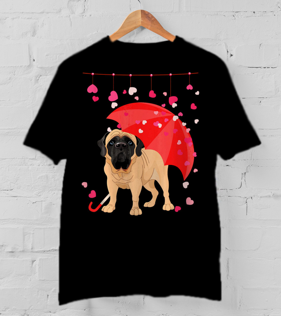 English Mastiff Under Red Umbrella With Raining Hearts Valentine T-Shirt