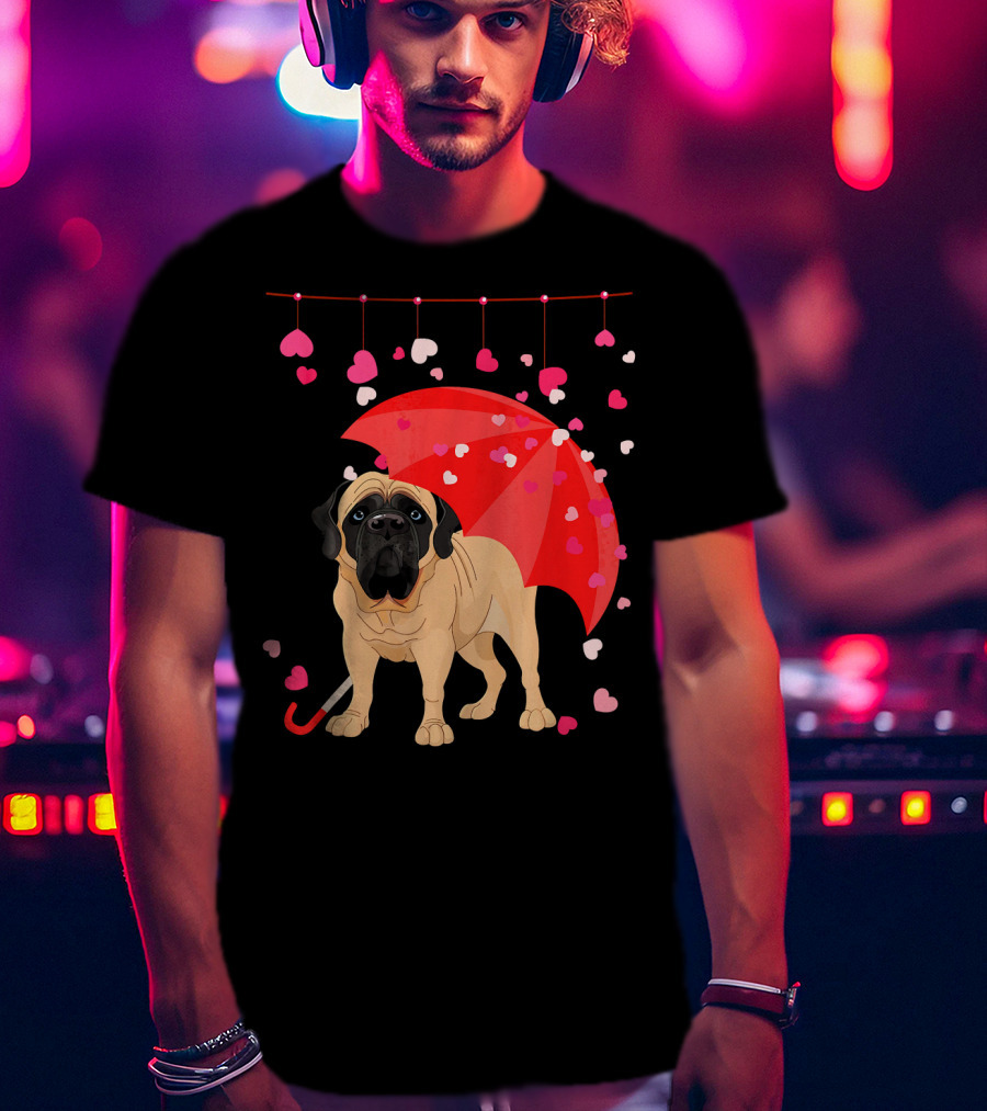 English Mastiff Under Red Umbrella With Raining Hearts Valentine T-Shirt