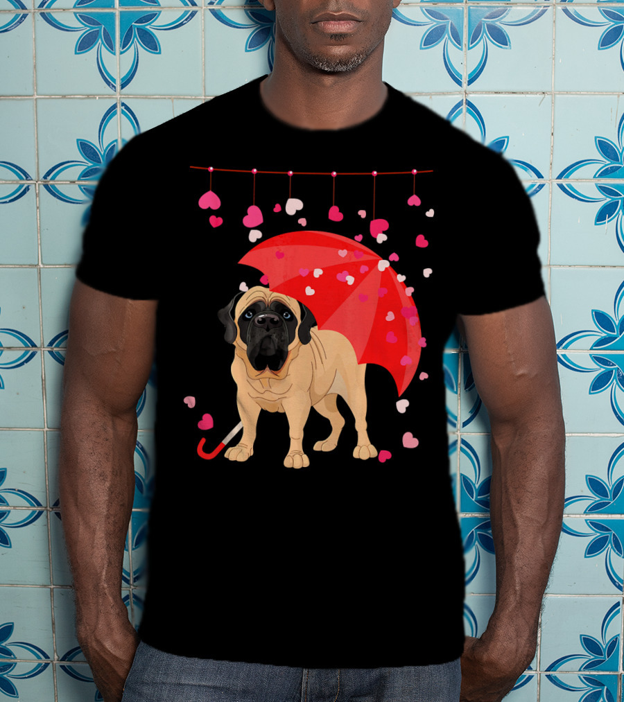 English Mastiff Under Red Umbrella With Raining Hearts Valentine T-Shirt