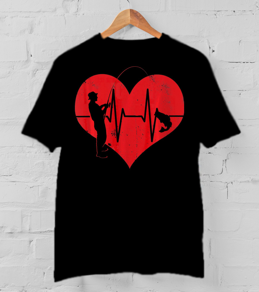 Fishing Heartbeat Valentines Day Heart Fisherman T-Shirt