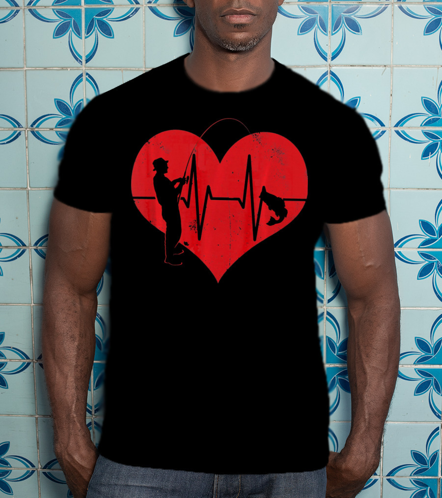 Fishing Heartbeat Valentines Day Heart Fisherman T-Shirt
