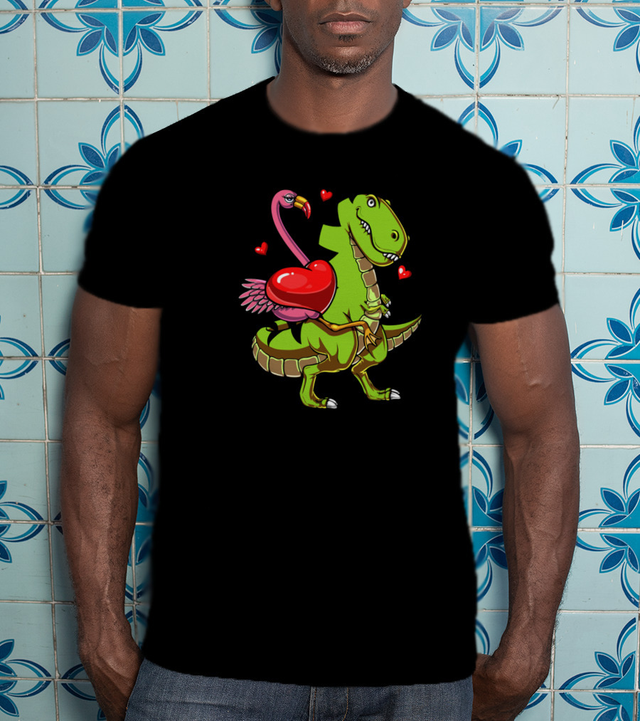 Flamingo Riding T-Rex Dinosaur With Hearts T-Shirt
