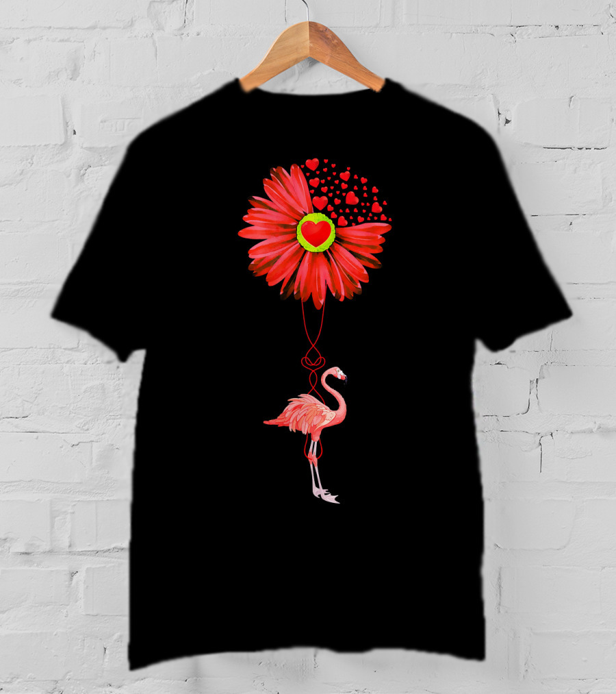 Flamingo With Red Heart Sunflower And Balloon Of Love T-Shirt