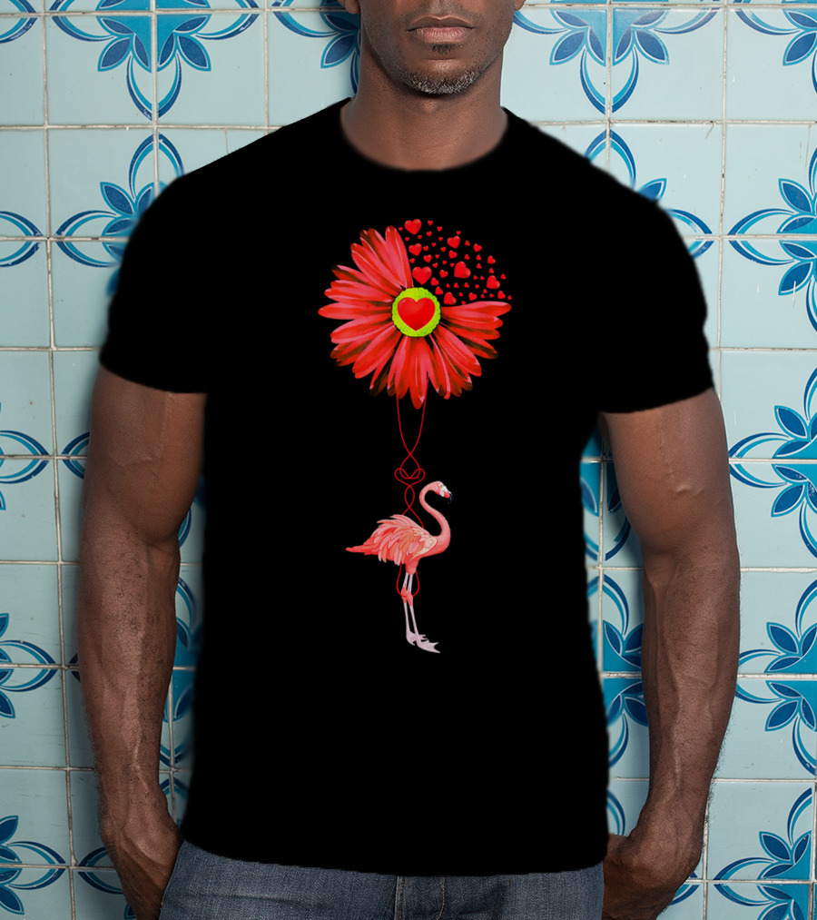 Flamingo With Red Heart Sunflower And Balloon Of Love T-Shirt