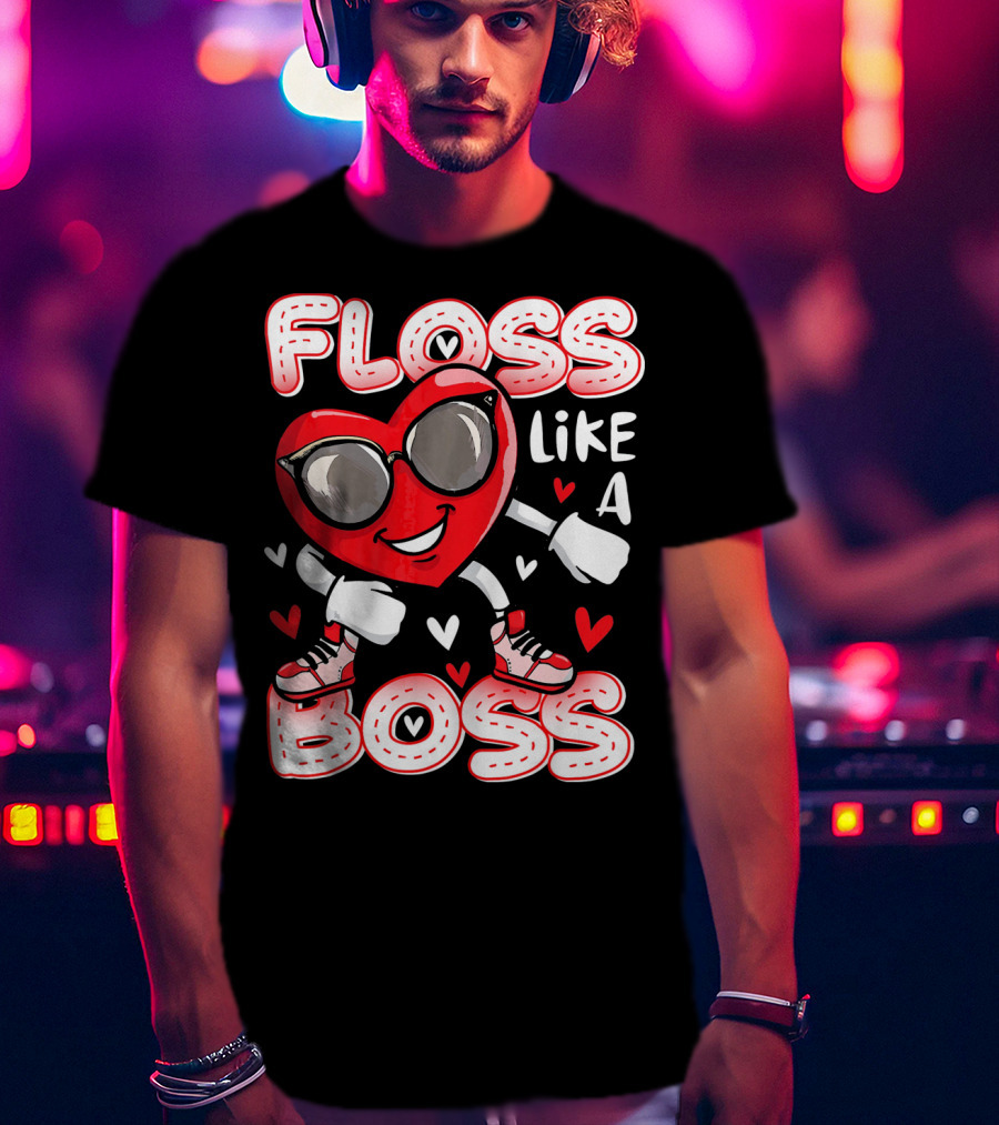 Floss Like A Boss Dancing Heart Sunglasses Valentines Fun T-Shirt