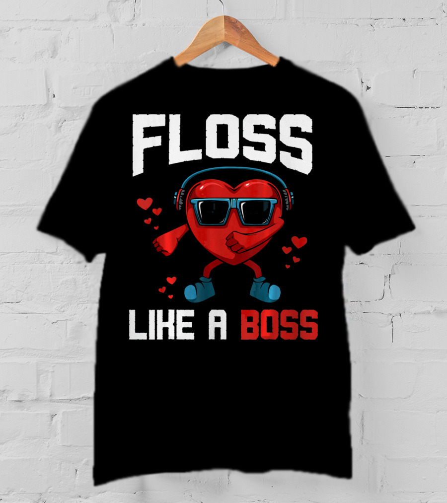 Floss Like A Boss Heart Sunglasses Headphones Valentine's Day T-Shirt