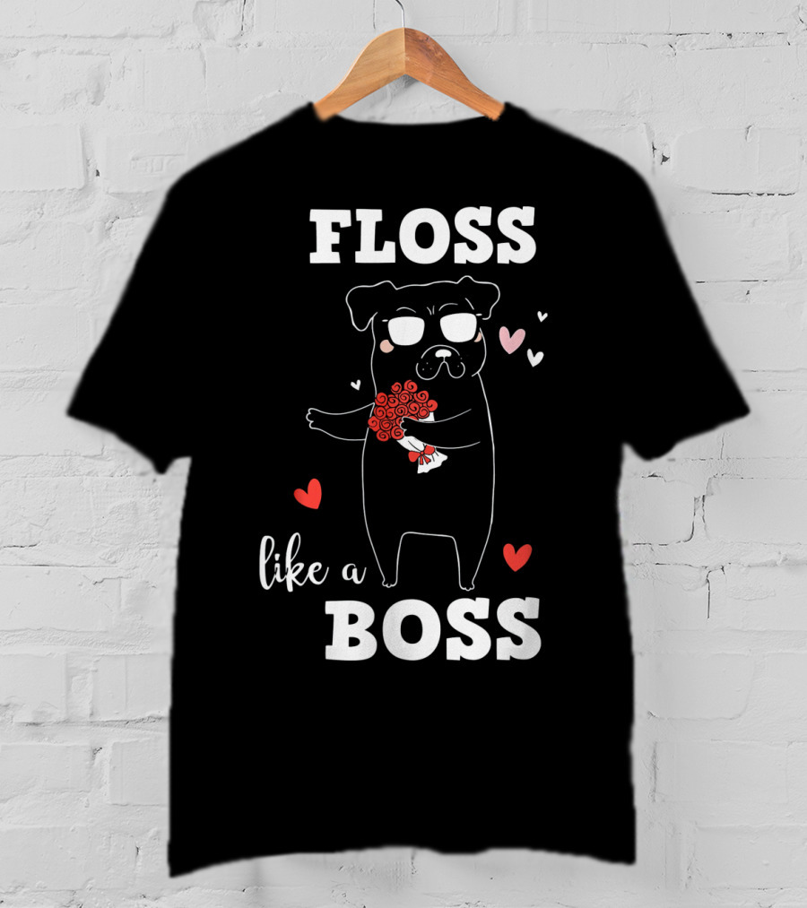 Floss Like A Boss Valentines Day Dog Holding Flowers With Hearts T-Shirt