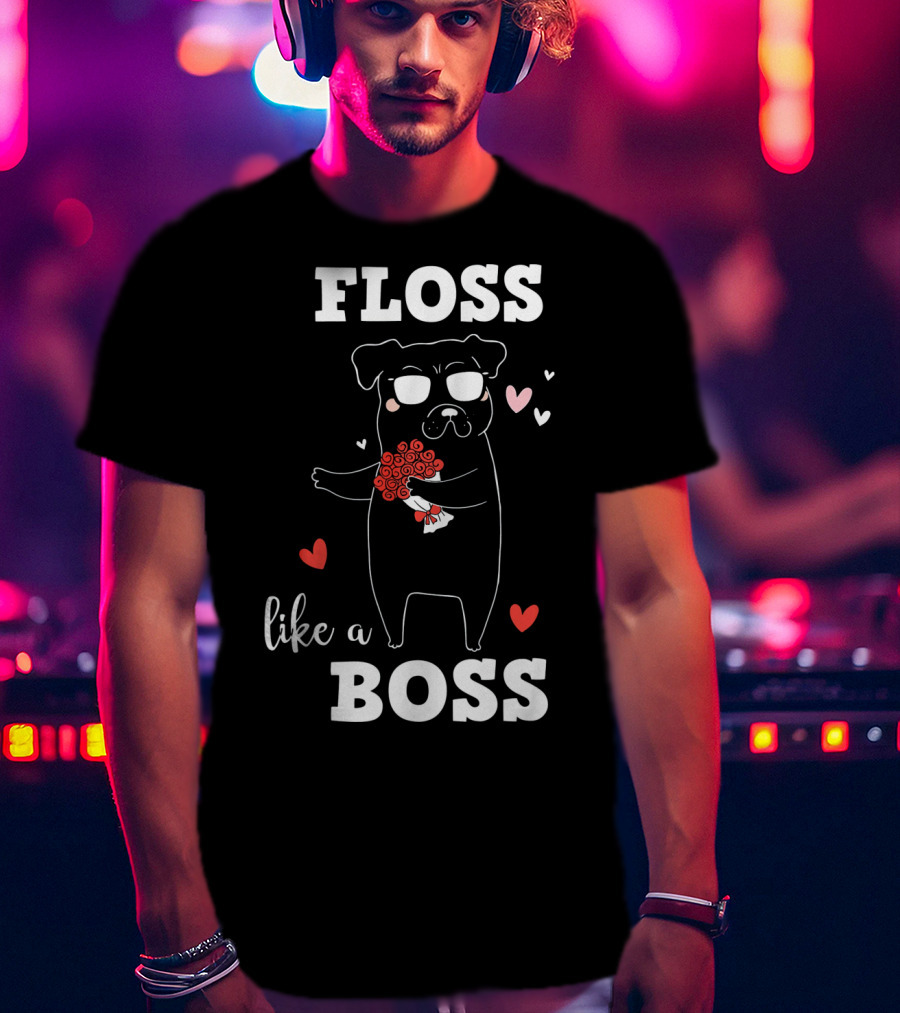 Floss Like A Boss Valentines Day Dog Holding Flowers With Hearts T-Shirt
