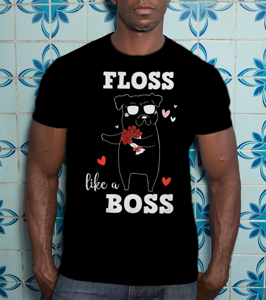 Floss Like A Boss Valentines Day Dog Holding Flowers With Hearts T-Shirt