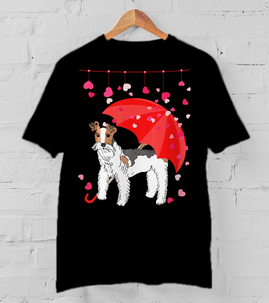 Fox Terrier With Red Umbrella And Falling Hearts Valentines T-Shirt