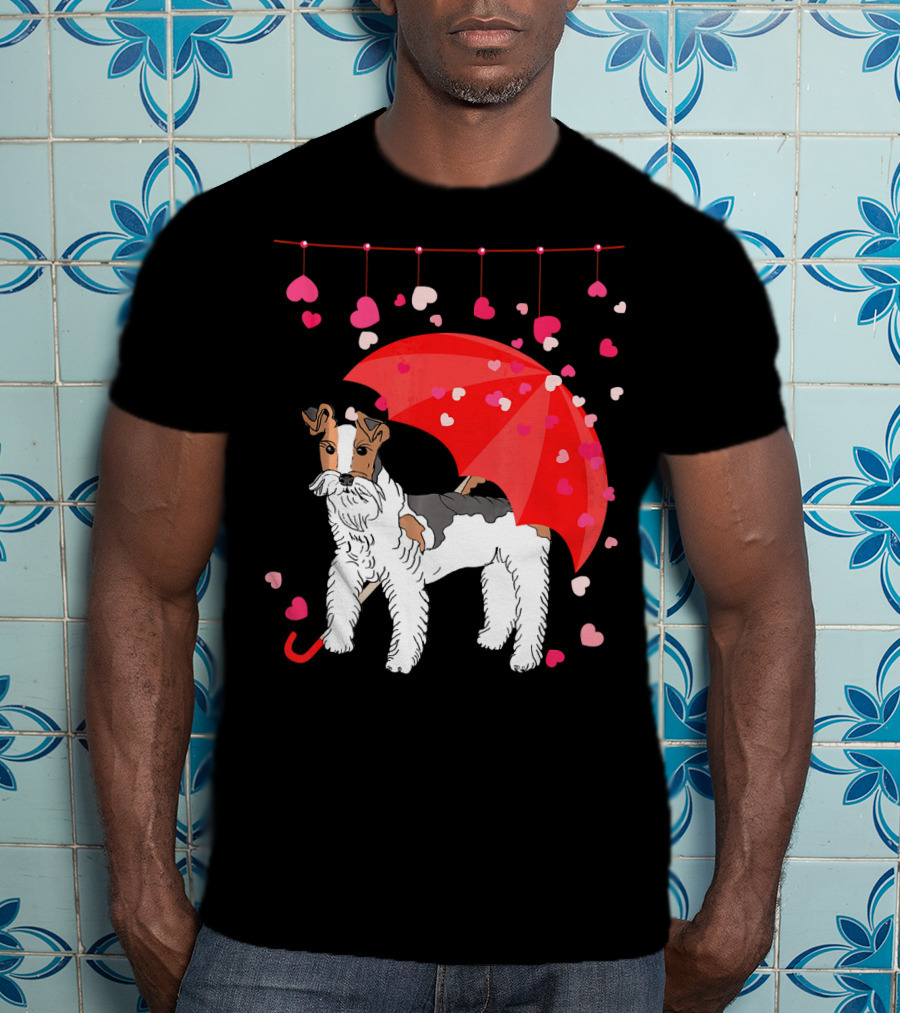 Fox Terrier With Red Umbrella And Falling Hearts Valentines T-Shirt