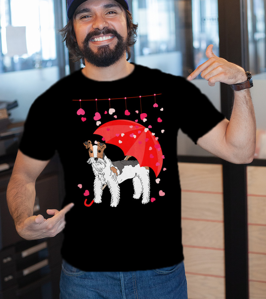 Fox Terrier With Red Umbrella And Falling Hearts Valentines T-Shirt