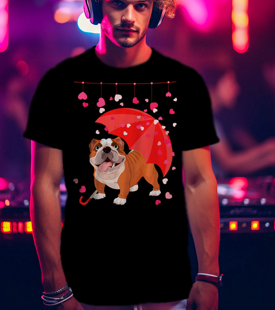 French Bulldog Raining Hearts Under Red Umbrella Valentines T-Shirt