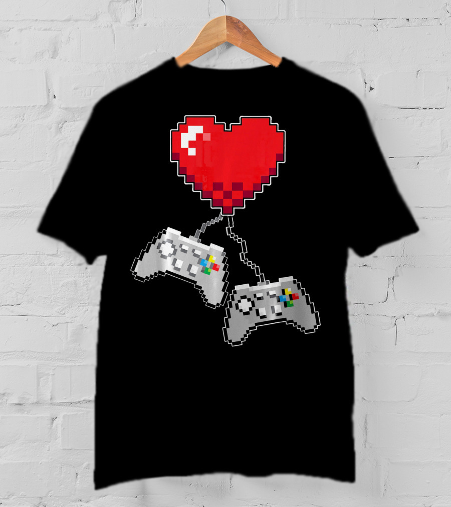 Pixel Heart Gaming Valentine Dual Controller Fun T-Shirt