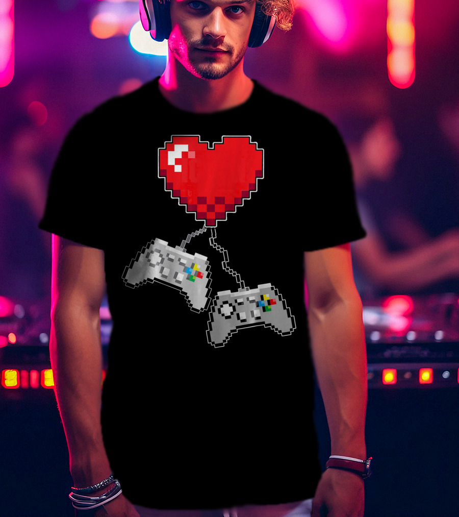 Pixel Heart Gaming Valentine Dual Controller Fun T-Shirt
