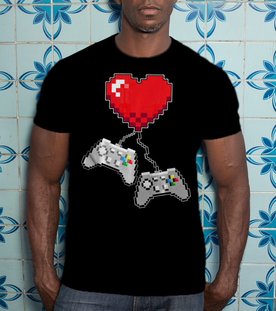 Pixel Heart Gaming Valentine Dual Controller Fun T-Shirt
