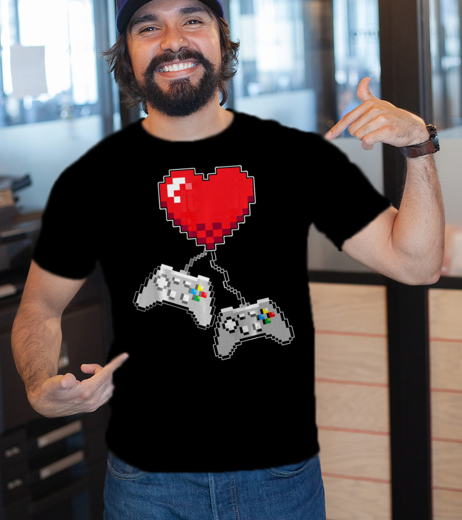 Pixel Heart Gaming Valentine Dual Controller Fun T-Shirt