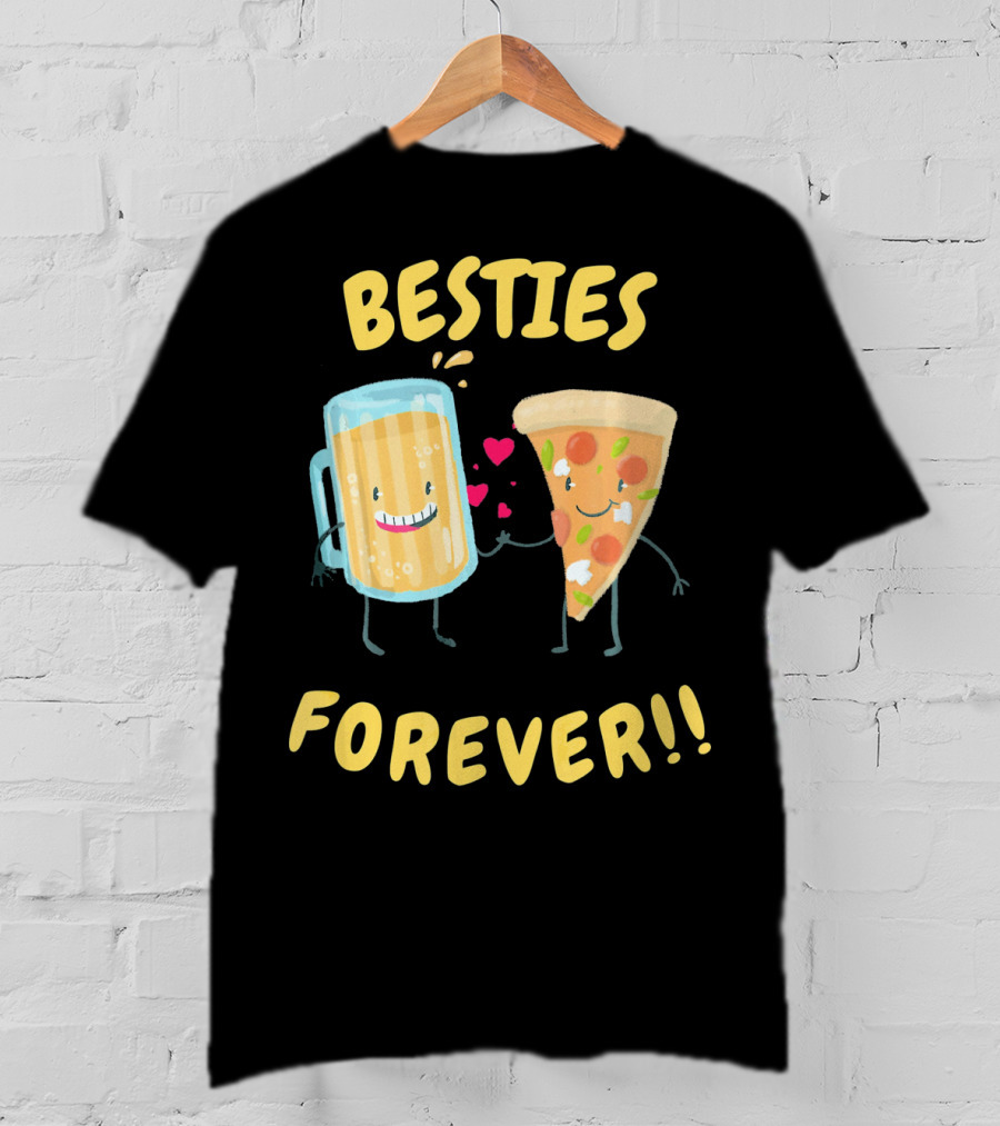 Besties Forever Beer And Pizza Lover Characters T-Shirt