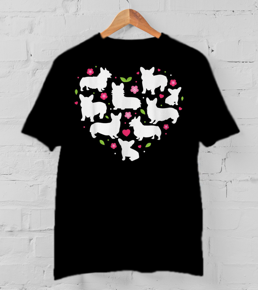 Corgi Silhouettes Heart Valentines Day Cute Dogs And Flowers T-Shirt