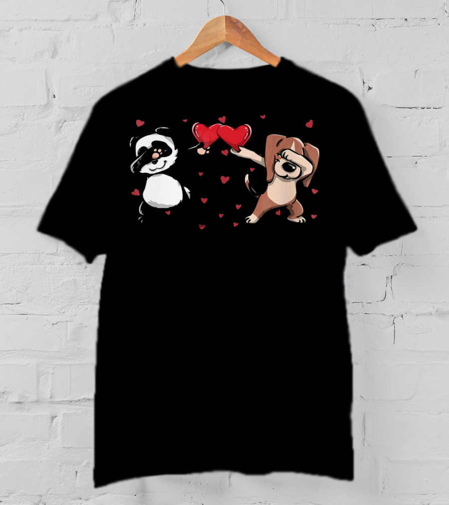 Funny Dabbing Beagle And Dabbing Panda With Hearts And Love T-Shirt