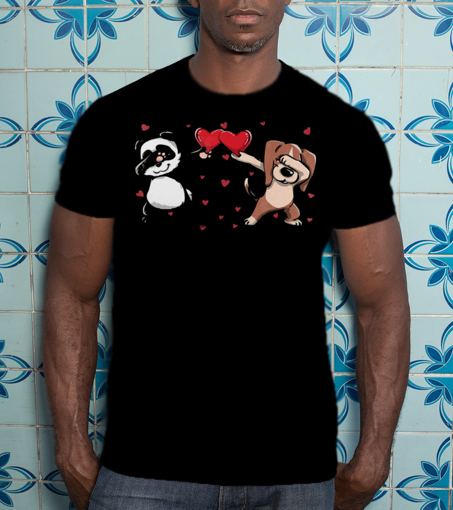 Funny Dabbing Beagle And Dabbing Panda With Hearts And Love T-Shirt