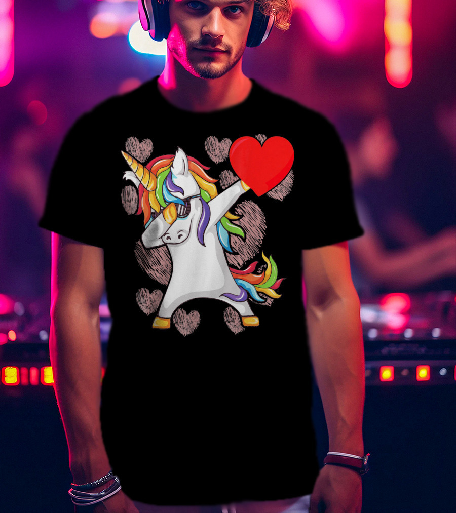 Funny Dabbing Unicorn Holding Heart Valentines T-Shirt