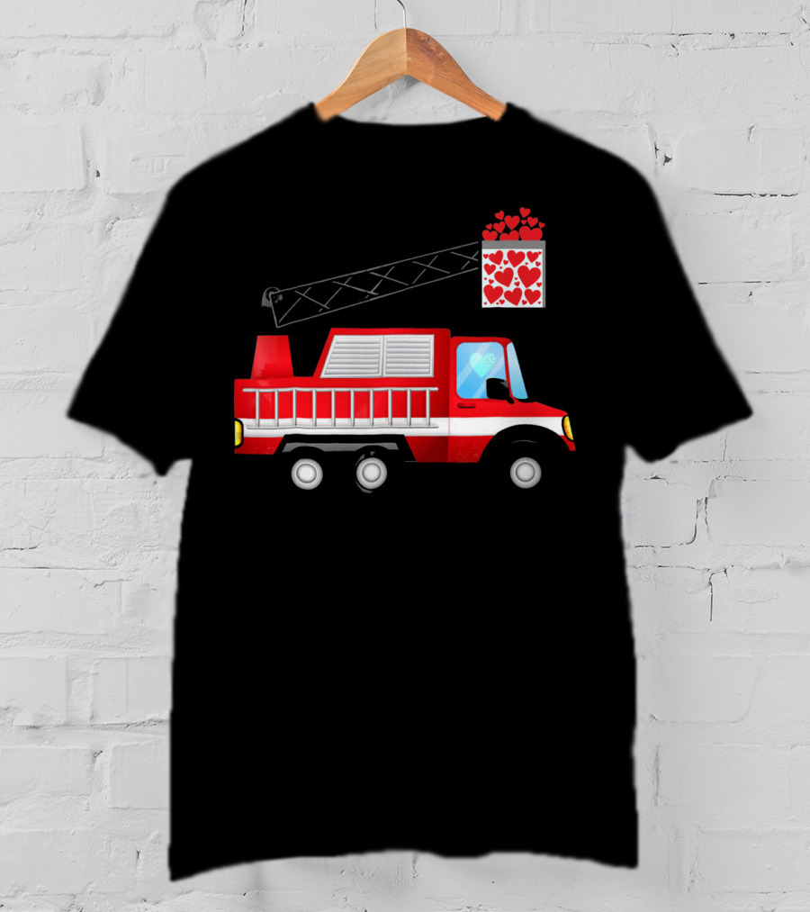 Valentine Hearts Fire Truck With Ladder And Firefighter Emblem T-Shirt