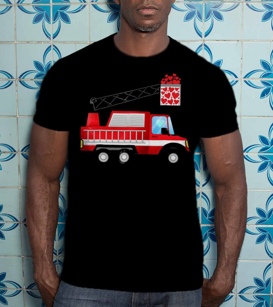 Valentine Hearts Fire Truck With Ladder And Firefighter Emblem T-Shirt