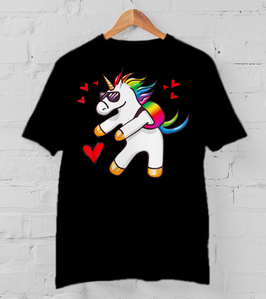 Valentine's Day Flossing Unicorn With Heart And Sunglasses T-Shirt