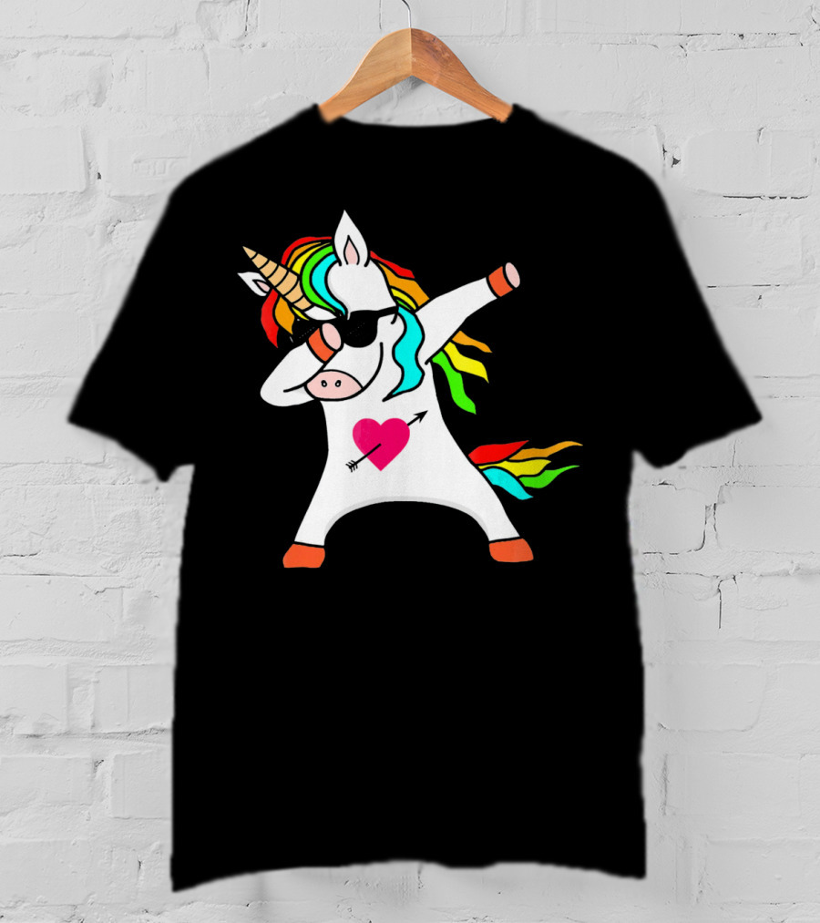 Funny Heart Valentines Day Dabbing Unicorn With Rainbow Mane And Sunglasses T-Shirt